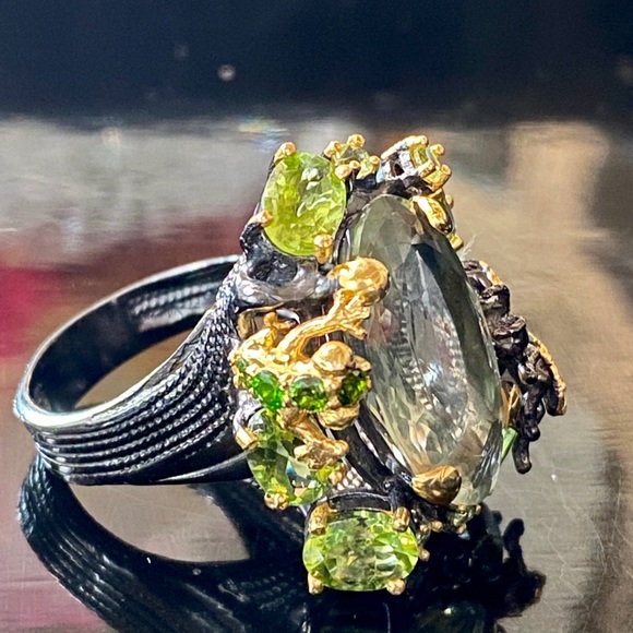 Intricate Genuine Green Amethyst Ring with Gems - Picture 11 of 17